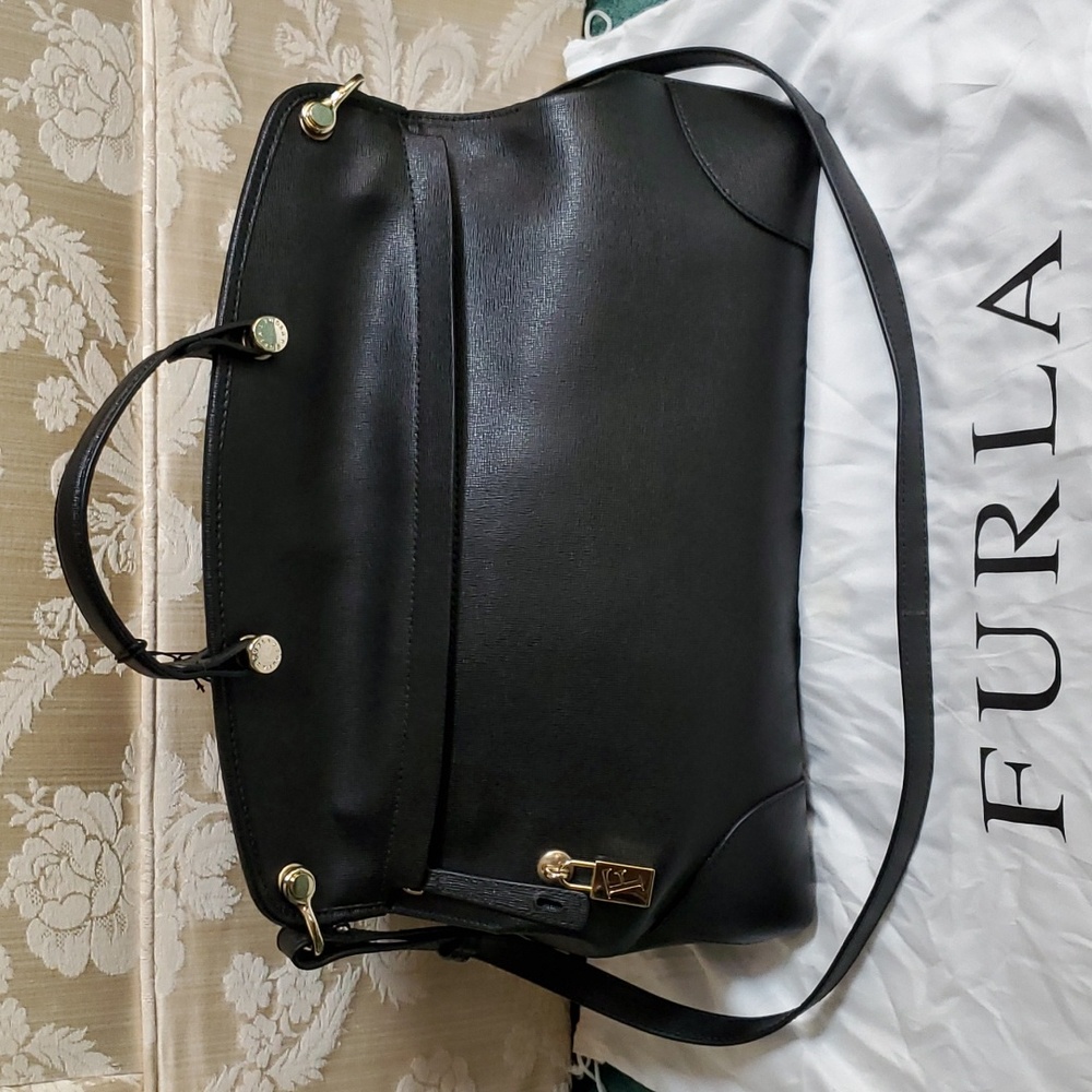 FURLA "Piper" Convertible Satchel, NWT, Black Saffiano Leather